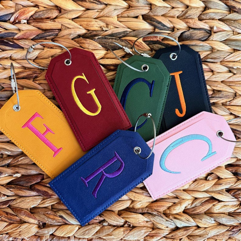 Monogrammed Luggage Tag, Embroidered Suitcase Tag Vegan Leather with Steel Loop Wire