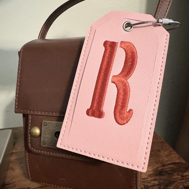 Monogrammed Luggage Tag, Embroidered Suitcase Tag Vegan Leather with Steel Loop Wire image 20