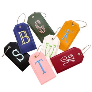 Monogrammed Luggage Tag, Embroidered Suitcase Tag Vegan Leather with Steel Loop Wire image 1
