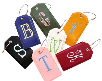Monogrammed Luggage Tag, Embroidered Suitcase Tag Vegan Leather with Steel Loop Wire