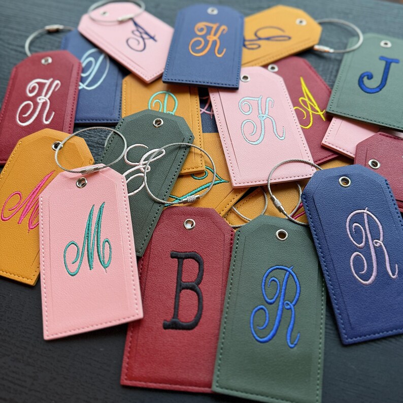Monogrammed Luggage Tag, Embroidered Suitcase Tag Vegan Leather with Steel Loop Wire image 8