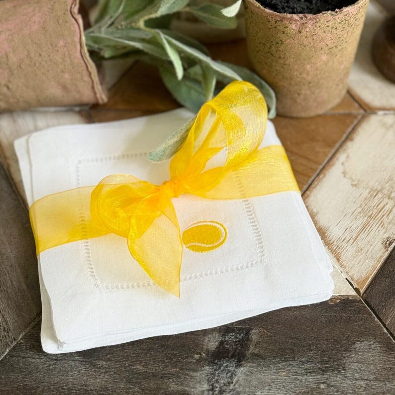 WhiteTulipEmbroidery Tennis Linen Cocktail Napkins - Thumbnail 2