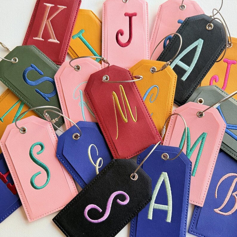 Monogrammed Luggage Tag, Embroidered Suitcase Tag Vegan Leather with Steel Loop Wire