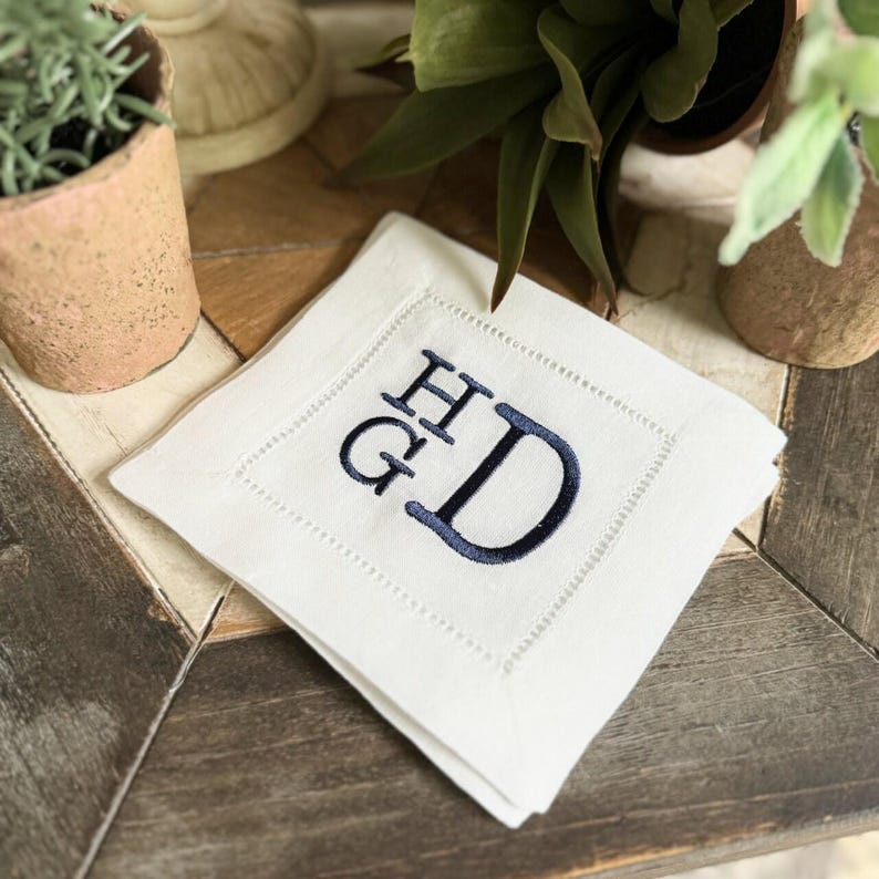 White Monogrammed Hemstitch Linen Cocktail Napkins - Thumbnail 2