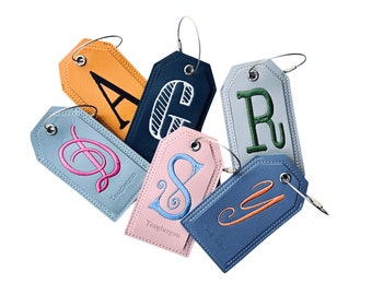 Monogrammed Luggage Tag, Embroidered Suitcase Tag Vegan Leather with Steel Loop Wire