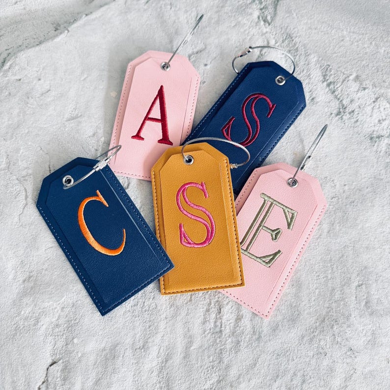 Monogrammed Luggage Tag, Embroidered Suitcase Tag Vegan Leather with Steel Loop Wire image 19