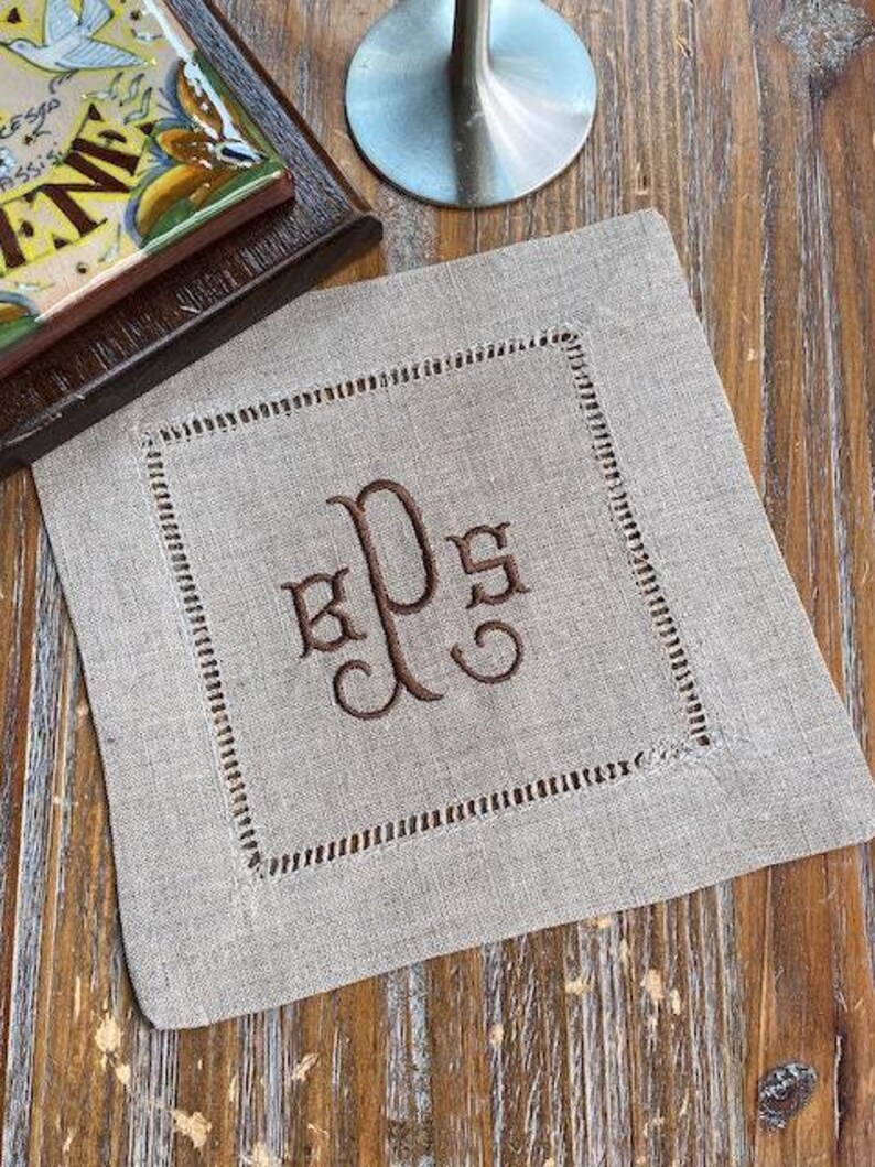 Natural Beige Monogrammed Linen Cocktail Napkins, Set of 4, beige Cocktail Cloth Napkins, Natural Linen cocktail napkins, linen napkins image 13