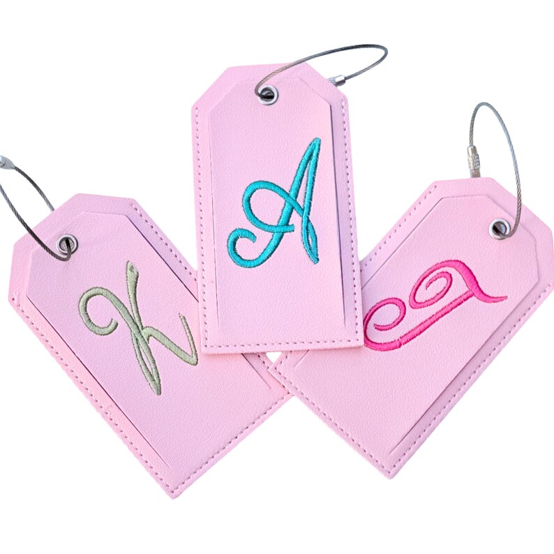Monogrammed Luggage Tag, Embroidered Suitcase Tag Vegan Leather with Steel Loop Wire image 14