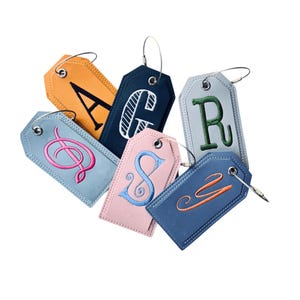 Monogrammed Luggage Tag, Embroidered Suitcase Tag Vegan Leather with Steel Loop Wire