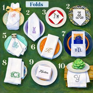 a collection of neatly folded napkins and place settings arranged on a green background.