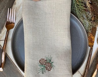 Winter Pine Cone Embroidered Cloth Napkins, Set of 4, Christmas napkins, Christmas cloth napkins, pine cone napkins, pincones