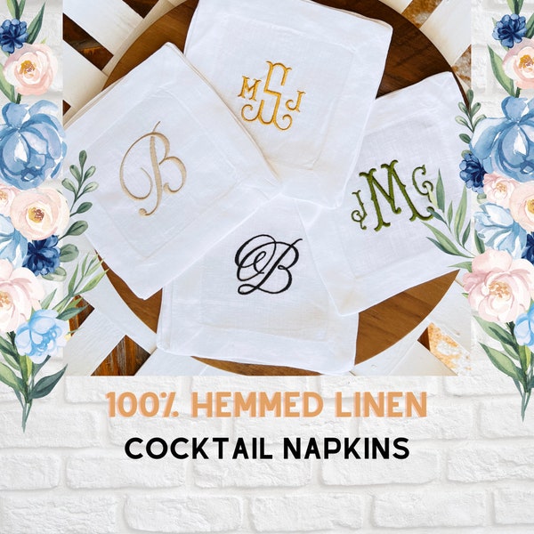 White Hemmed Monogrammed Linen Cocktail Napkins, Set of 4, White Cocktail Cloth Napkins, White Linen cocktail napkins, linen napkins