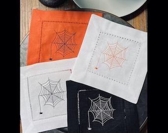 Spider Web Halloween Cocktail Napkins, Halloween Cocktail Cloth Napkins, Linen cocktail napkins, Linen napkins, Spider cocktail Napkins