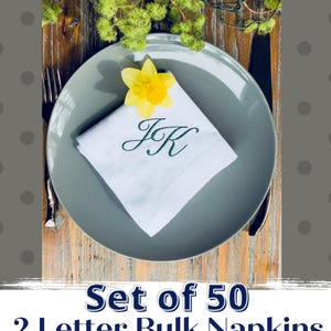 Set of 50 Bulk 2 Letter Monogrammed Wedding Napkins, duogram Embroidered Cloth Napkins, wedding linens,  monogrammed linen napkins
