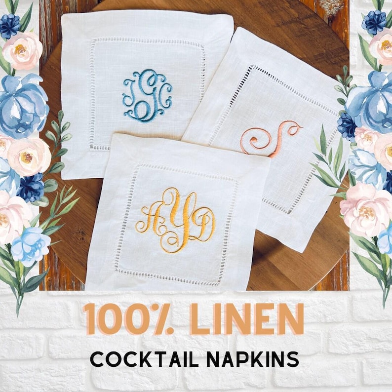 White Monogrammed Hemstitch Linen Cocktail Napkins - Thumbnail 3