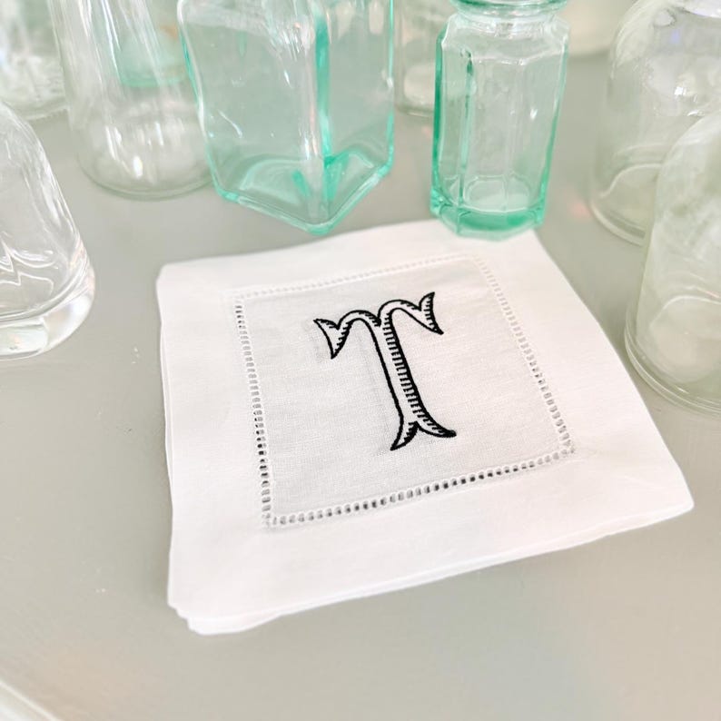 Baroque Monogrammed Cocktail Napkins, Set of 4, Embroidered Linen Cocktail Cloth Napkins image 19