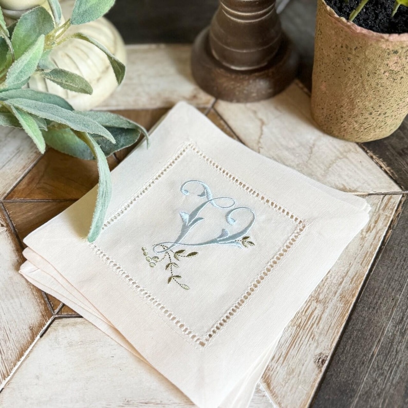 WhiteTulipEmbroidery Linen Cocktail Napkins - Thumbnail 2