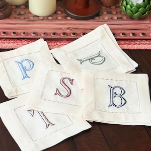 Baroque Monogrammed Cocktail Napkins, Set of 4, Embroidered Linen Cocktail Cloth Napkins image 18