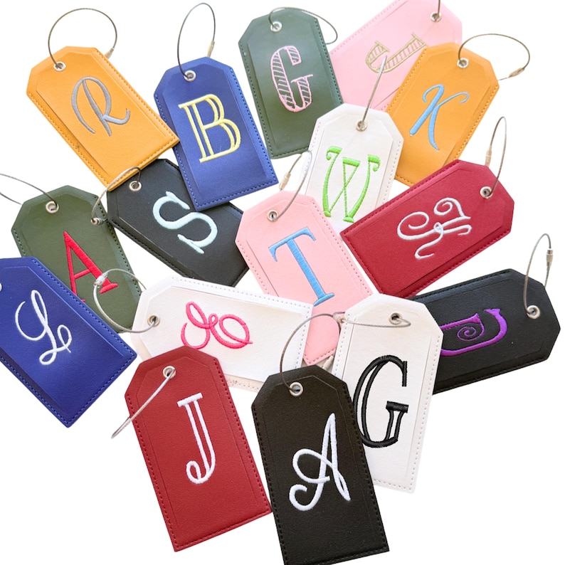 Monogrammed Luggage Tag, Embroidered Suitcase Tag Vegan Leather with Steel Loop Wire image 2