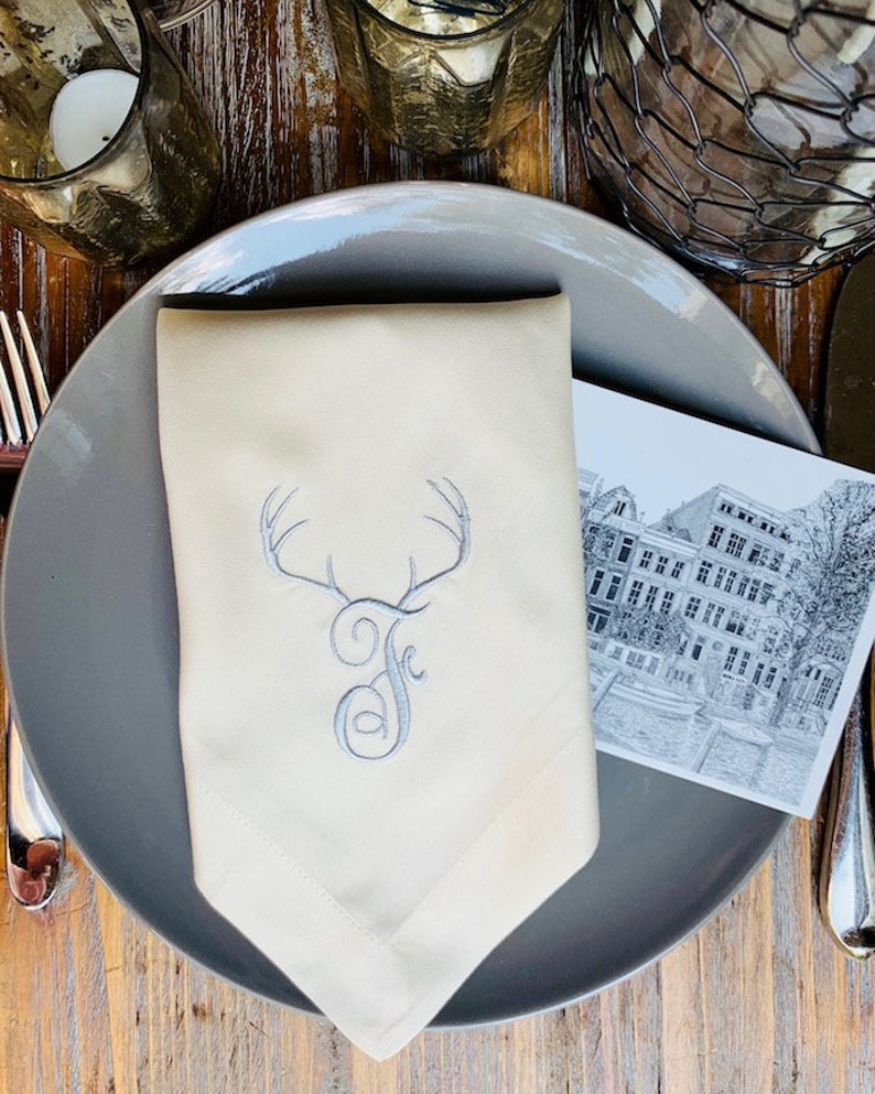 Deer Antler Monogrammed Embroidered Cloth Napkins Set of 12 Etsy