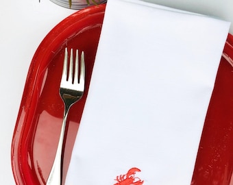 Lobster Cloth Napkins, Set of 4, Lobster embroidered cloth napkins, seafood boil napkins, lobster napkins, lobster boil party ideas