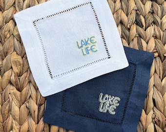Lake Life Linen Cocktail Napkins, Set of 4, Lake cloth napkins