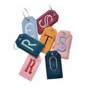 Monogrammed Luggage Tag, Embroidered Suitcase Tag Vegan Leather with Steel Loop Wire
