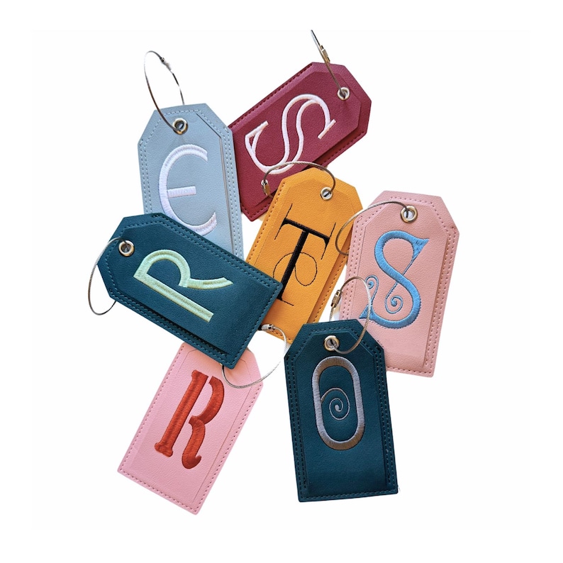 Monogrammed Luggage Tag, Embroidered Suitcase Tag Vegan Leather with Steel Loop Wire