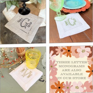 Baroque Monogrammed Cocktail Napkins, Set of 4, Embroidered Linen Cocktail Cloth Napkins image 13