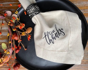 Thanksgiving Give Thanks Embroidered Cloth Napkins, Set of 4, thanksgiving napkins, give thanks napkins, thanksgiving cloth napkins