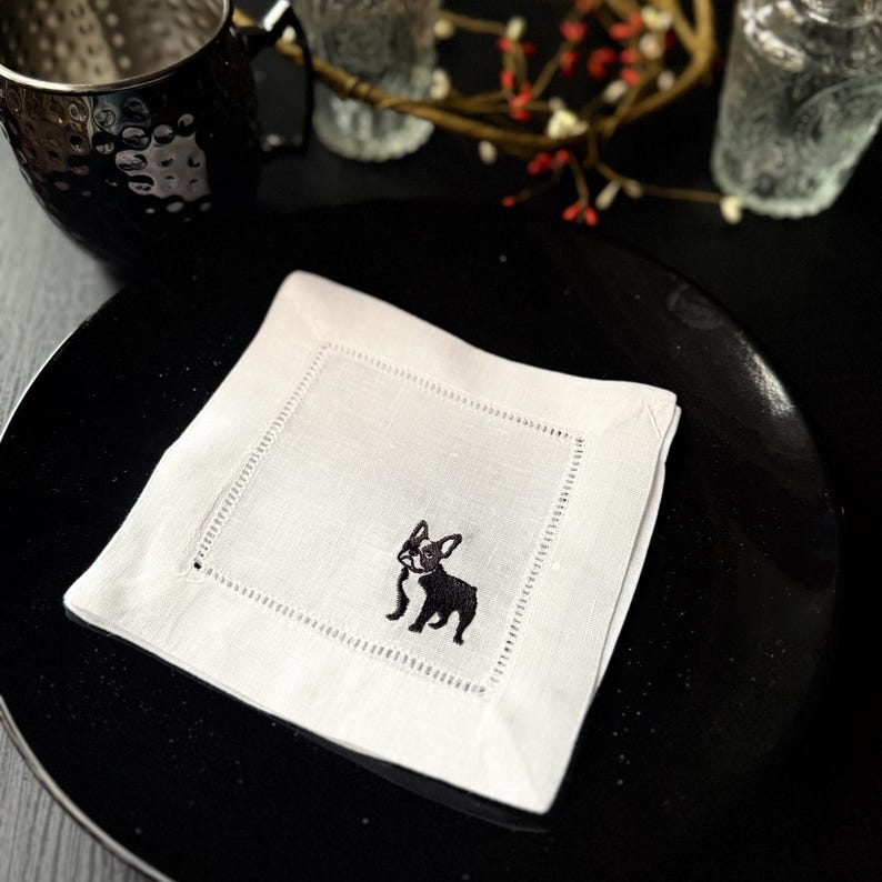WhiteTulipEmbroidery French Bulldog Cocktail Napkins - Thumbnail 2