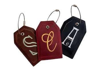 Leather Monogrammed Luggage Tag, Embroidered Suitcase Tag Leather with Steel Loop Wire