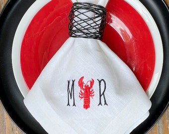 Lobster Monogrammed Embroidered Cloth Napkins, seafood monogram, double letter monogrammed napkins, martini linens, martini napkins