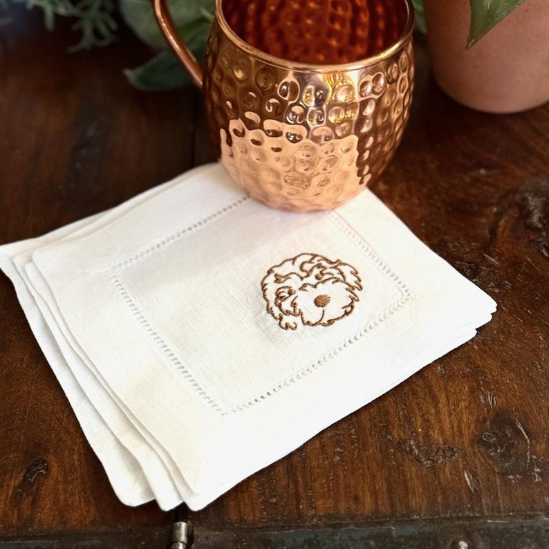 WhiteTulipEmbroidery Golden Doodle Dog Linen Embroidered Cocktail Napkins - Thumbnail 5