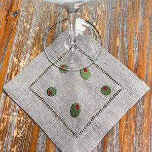 Olive Cocktail Napkins, Set of 4, Martini Cocktail Cloth Napkins, Linen cocktail napkins