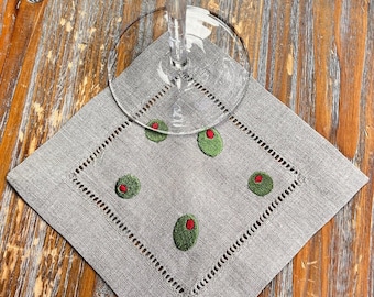 Olive Cocktail Napkins, Set of 4, Martini Cocktail Cloth Napkins, Linen cocktail napkins