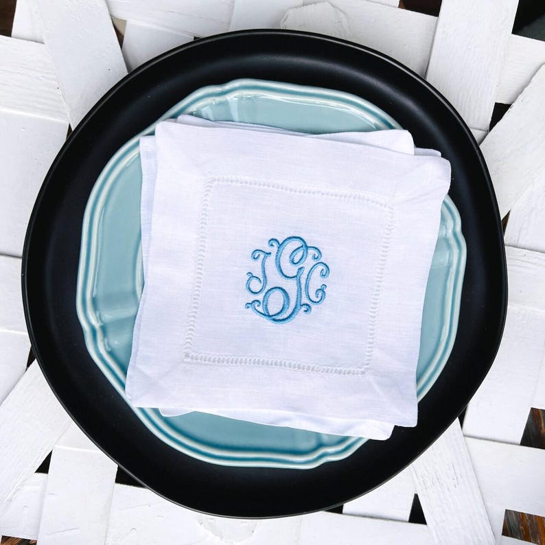 White Monogrammed Hemstitch Linen Cocktail Napkins