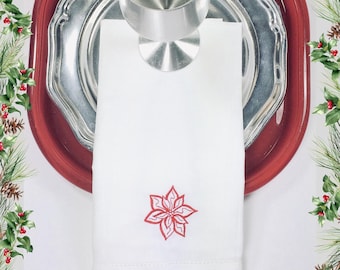 Christmas Poinsettia Cloth Napkins, Set of 4, Poinsettia napkins, Christmas Embroidered Napkins, Poinsettia Christmas Napkins