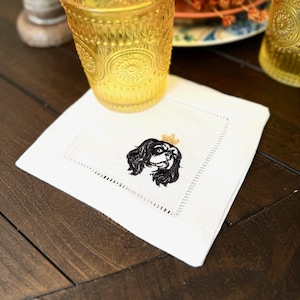 King Charles Spaniel Linen Embroidered Cocktail Napkins, Set of 4, dog cloth cocktail napkins, King Charles gift