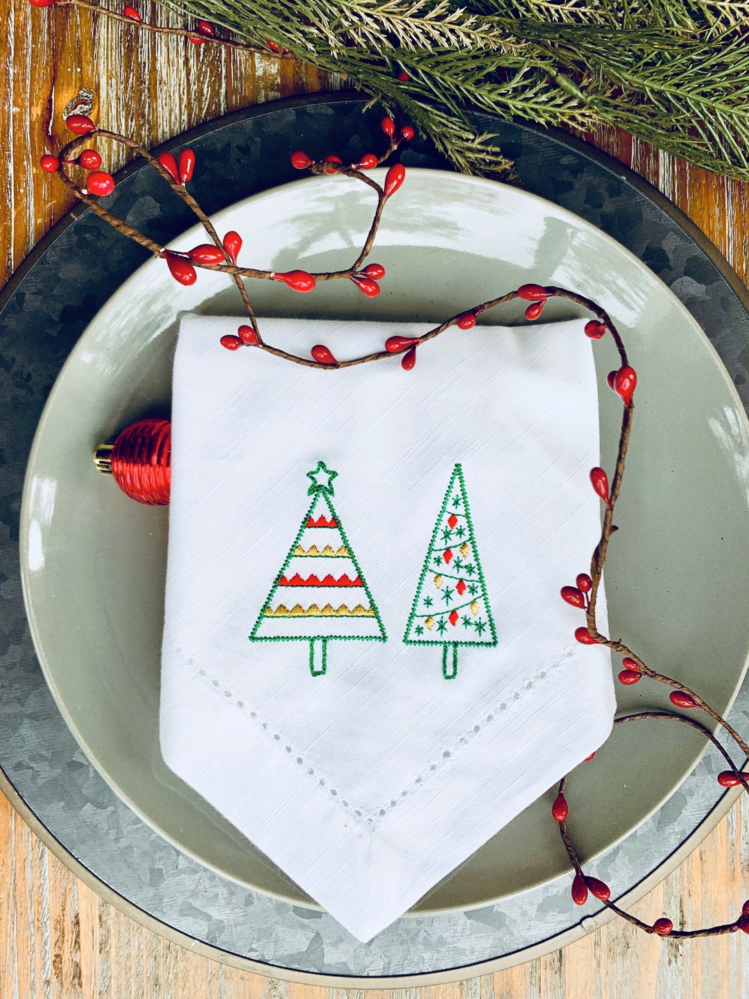 Festive Christmas Tree Embroidered Cloth Dinner Napkins Etsy