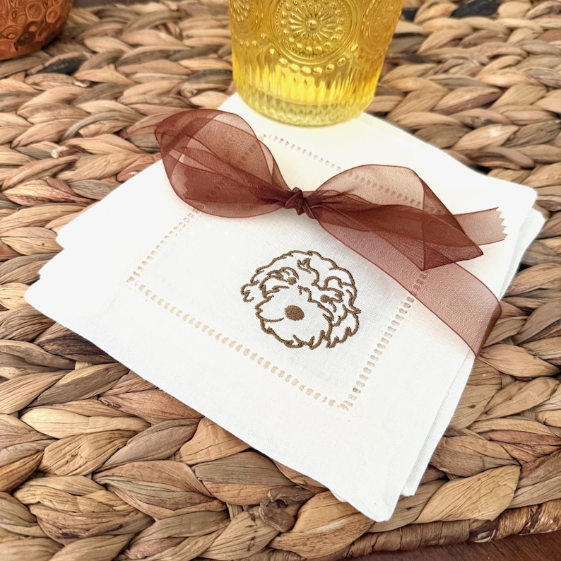 WhiteTulipEmbroidery Golden Doodle Dog Linen Embroidered Cocktail Napkins - Thumbnail 2