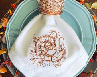 Thanksgiving Turkey Cloth Napkins, Set of 4, Swirl turkey napkins, thanksgiving napkins, thanksgiving cloth napkins, embroidered napkins