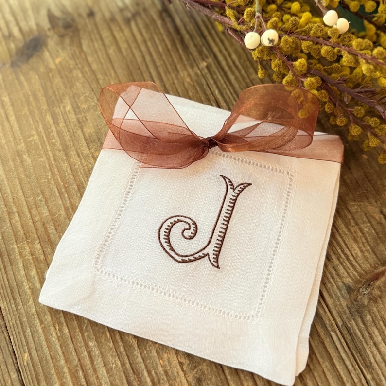 Baroque Monogrammed Cocktail Napkins, Set of 4, Embroidered Linen Cocktail Cloth Napkins image 8