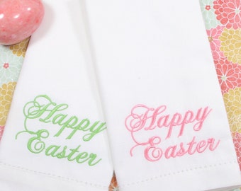 Happy Easter Napkins Script Embroidered Cloth Set of 4, Easter embroidered napkins, easter cloth napkins, easter linens, Easter table ideas