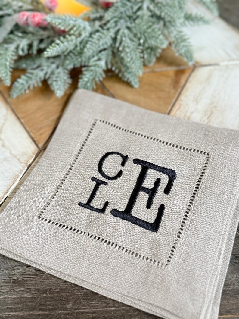 Natural Beige Monogrammed Linen Cocktail Napkins, Set of 4, beige Cocktail Cloth Napkins, Natural Linen cocktail napkins, linen napkins image 2
