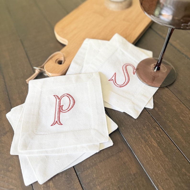 Baroque Monogrammed Cocktail Napkins, Set of 4, Embroidered Linen Cocktail Cloth Napkins image 16