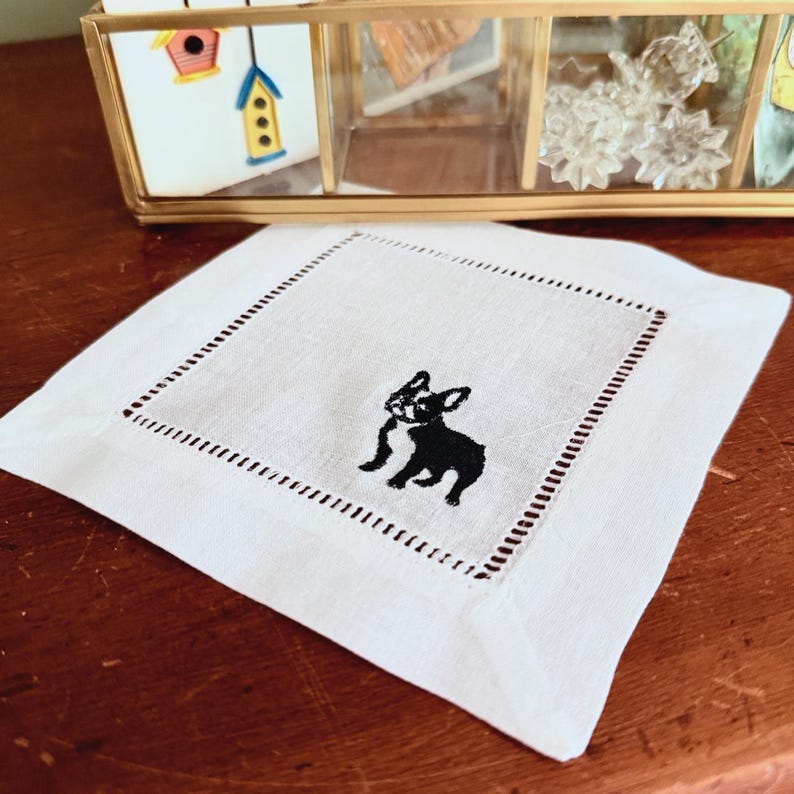 WhiteTulipEmbroidery French Bulldog Cocktail Napkins - Thumbnail 3