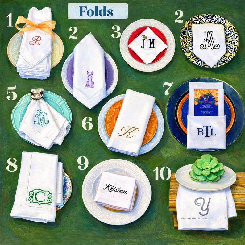 a collection of neatly folded napkins and place settings arranged on a green background.