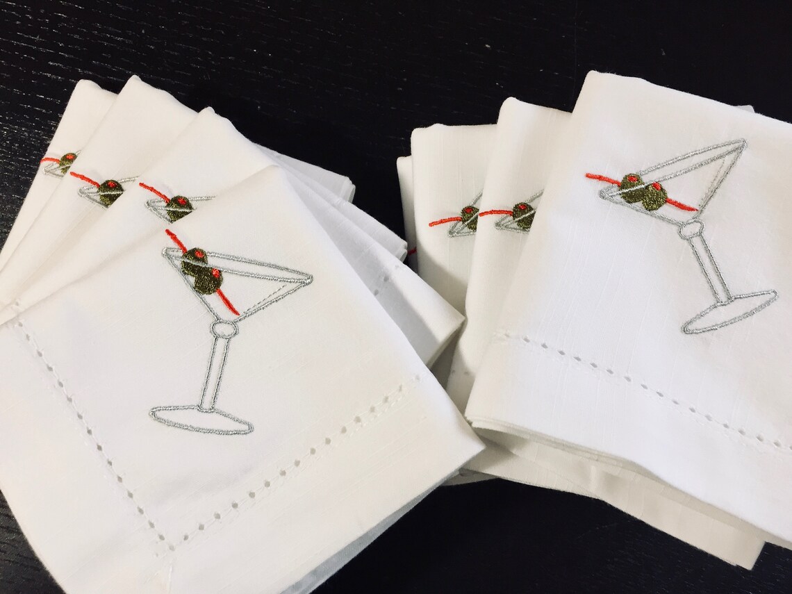 Martini Drink Cocktail Embroidered Cloth Napkins Set of 4 Etsy