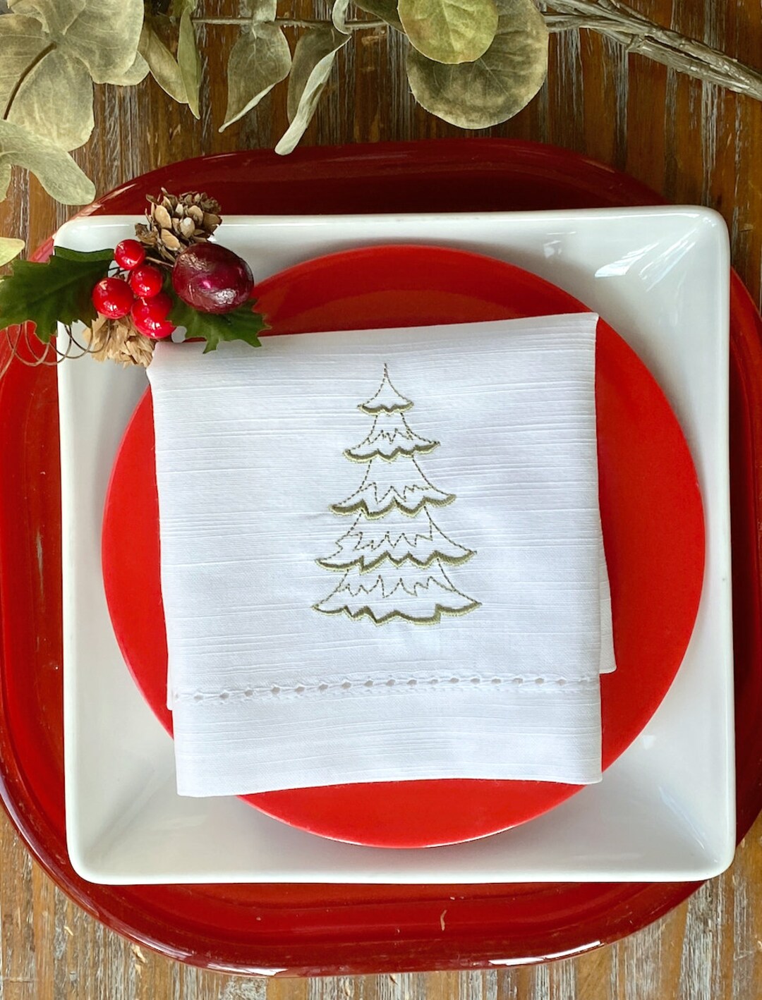 Evergreen Christmas Tree Embroidered Cloth Dinner Napkins, Set of 4